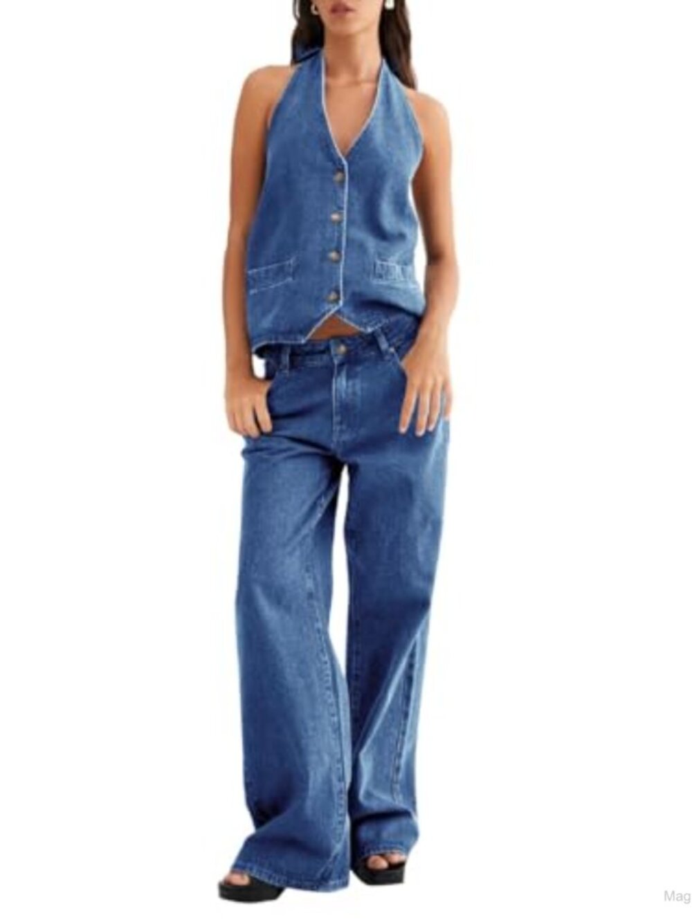Two Piece Denim Set Button Down Backless Tank Wide Leg Jeans Outfit